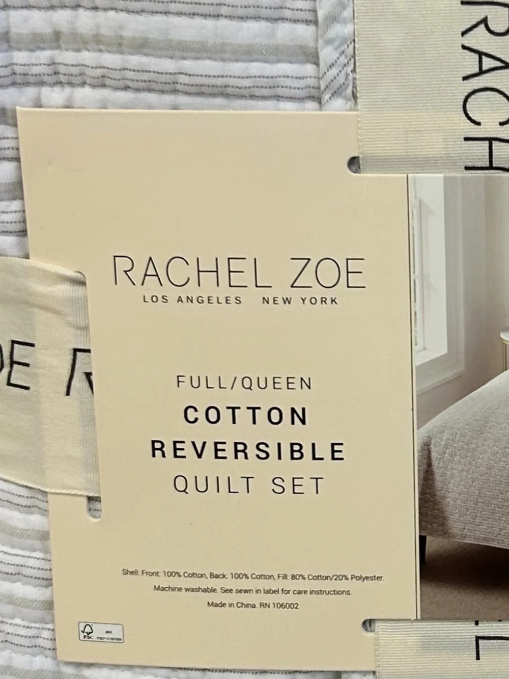 Rachel Zoe Full/Queen Gray and White Cotton Reversible Quilt Set 90”x90”